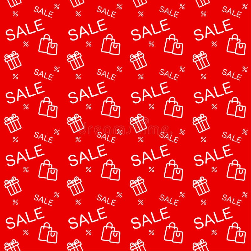 SaleÂ promotionÂ text, shopping bag, and gift bow thin line icon with red background seamless pattern